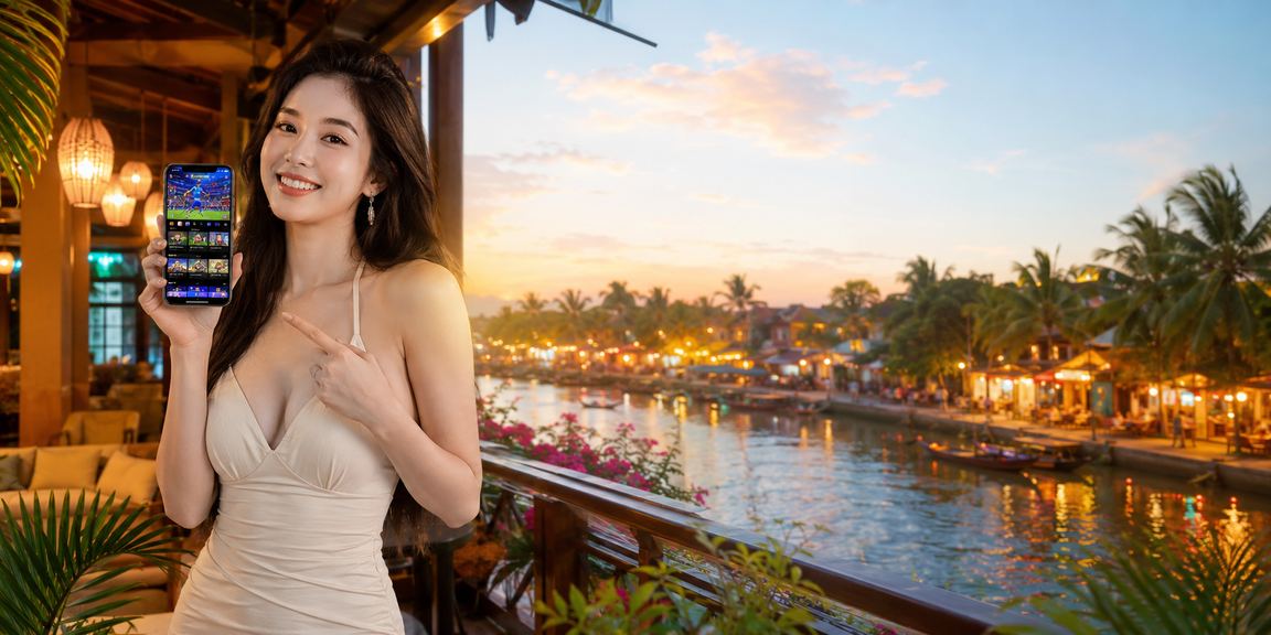 Người dùng tại Hội An truy cập dịch vụ casino trực tuyến qua điện thoại trong quán cà phê